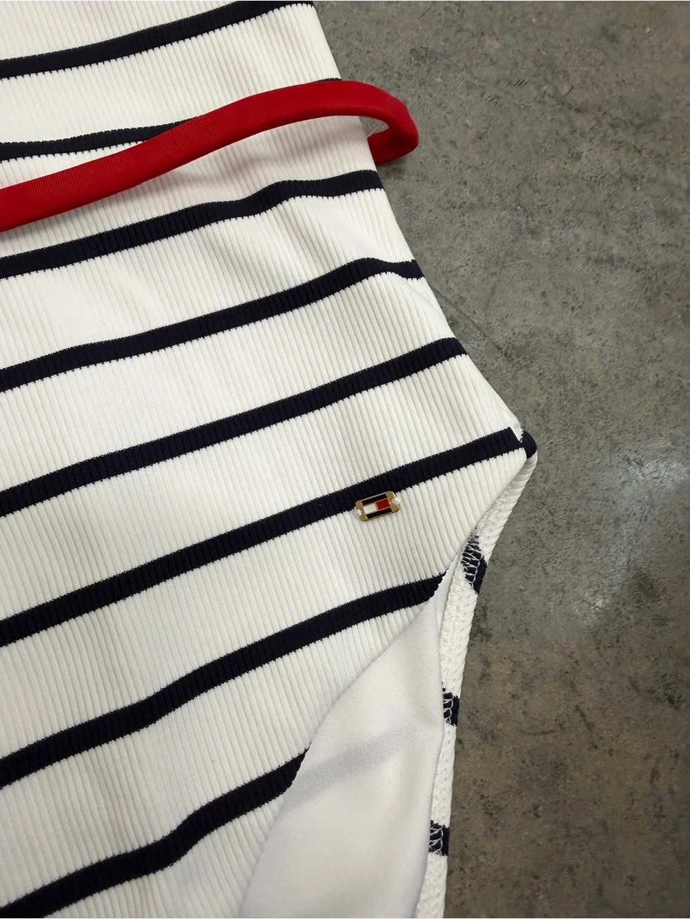 Tommy Hilfiger White and Navy Striped One-Piece Swimsuit with Red Trim/ Belt